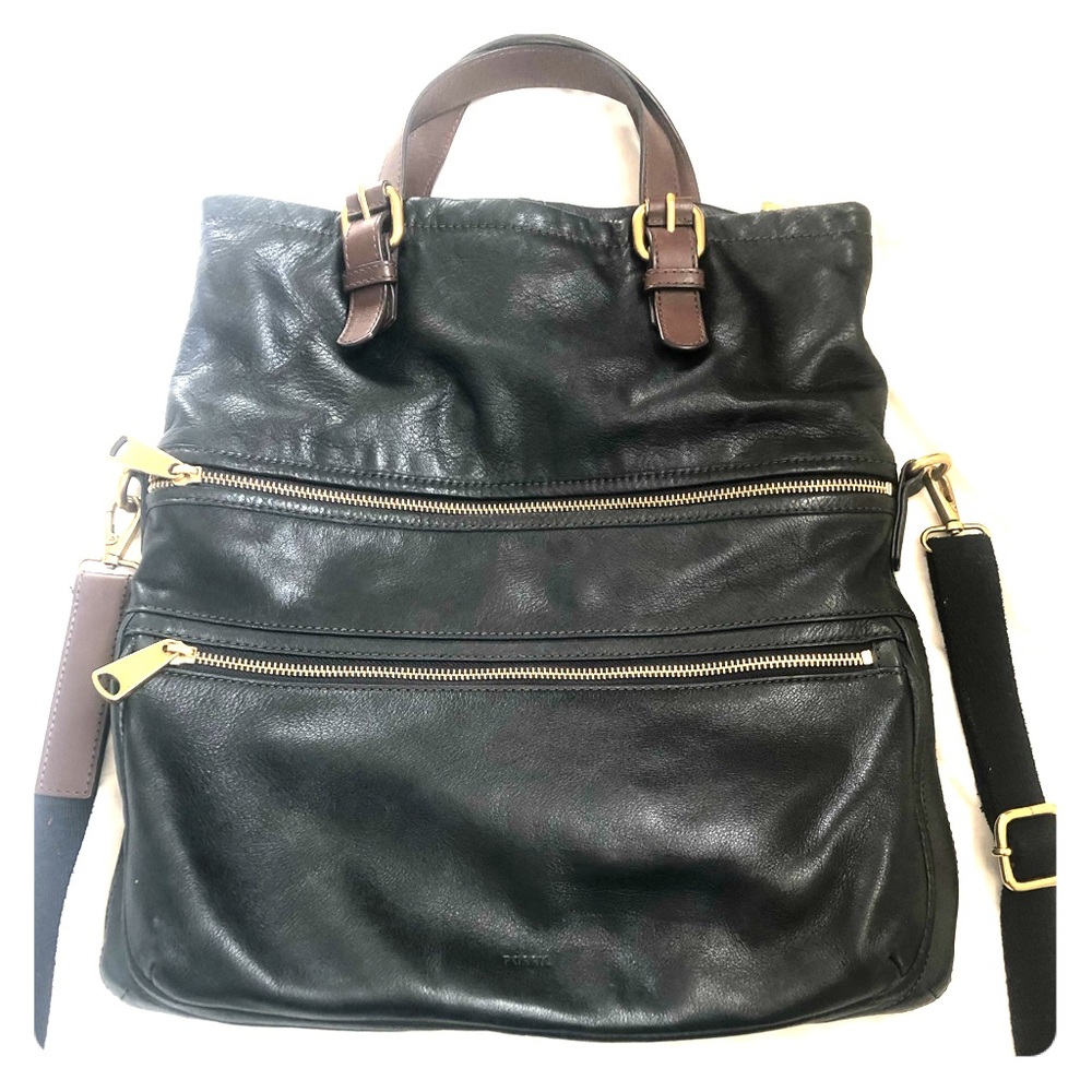 Fossil Explorer Black Leather Foldover Tote EUC
